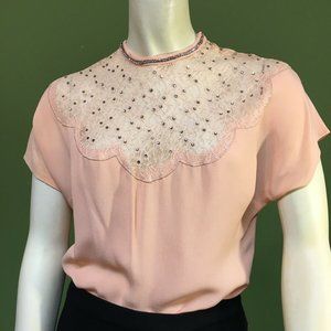 vtg  Cap Sleeve Wmns Top W/Rhinestones & Lace k160
